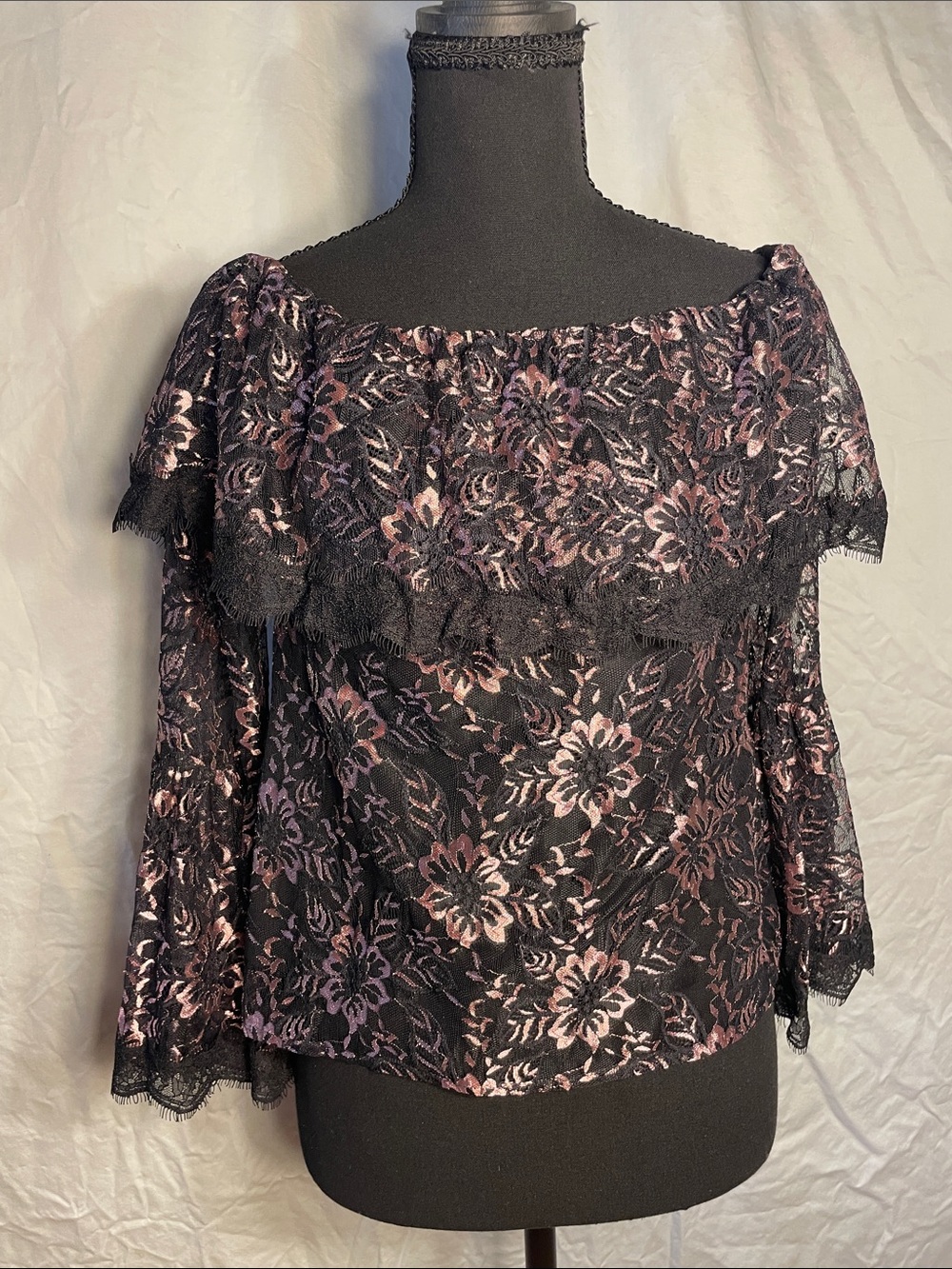 White House Black Market Black and Pink Floral Lace Off-Shoulder Top
